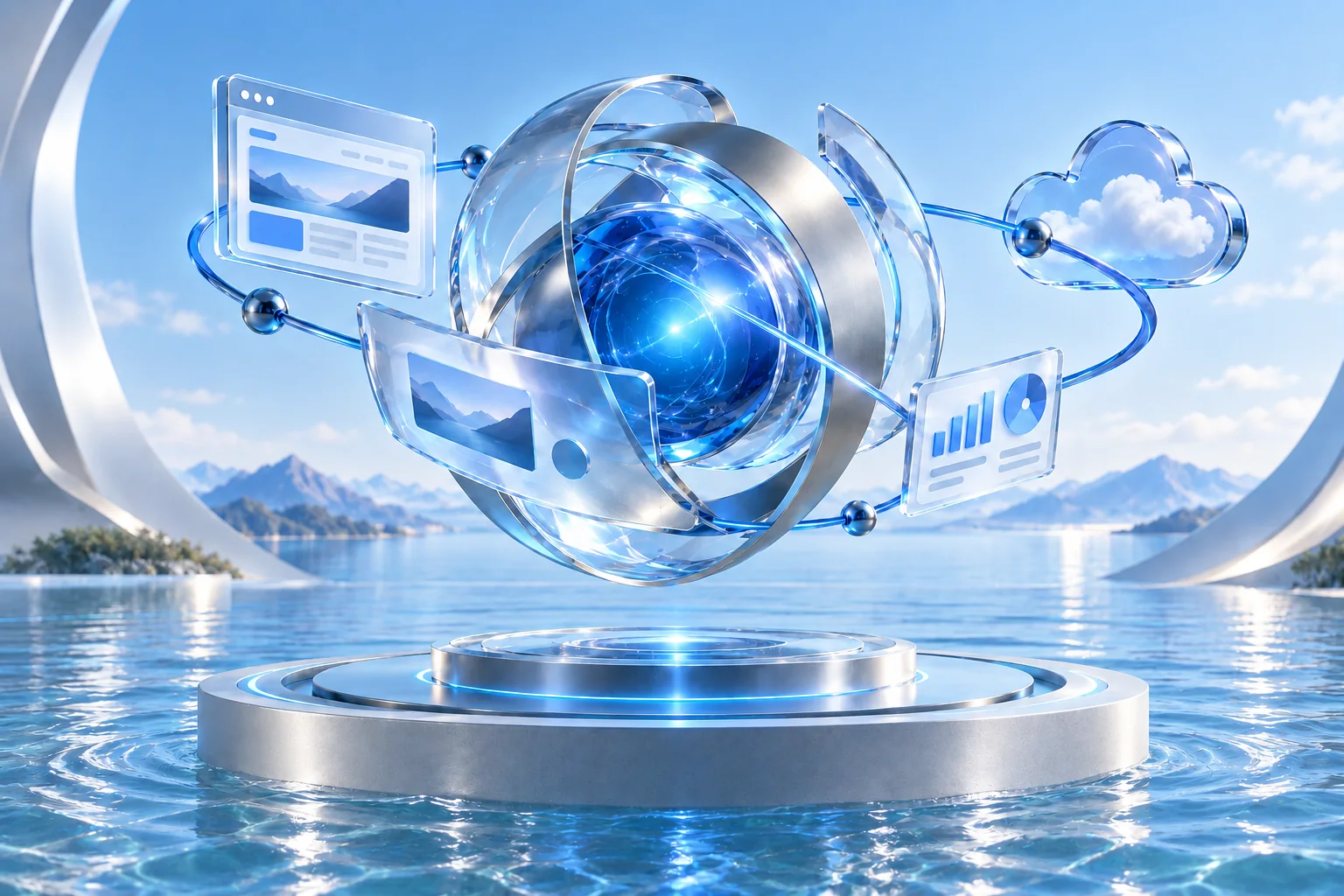 A luminous glass core connecting web development, AI and business software